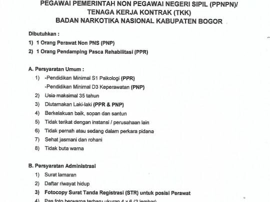 INFO LOWONGAN PEKERJAAN NON PNS BNN KABUPATEN BOGOR